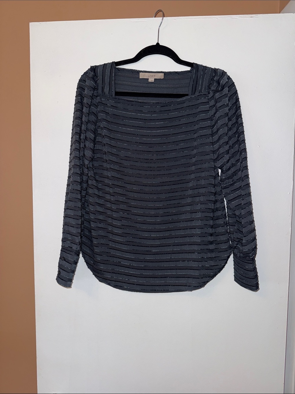 LOFT Charcoal Textured Stripe Long-Sleeve Square Neck Top